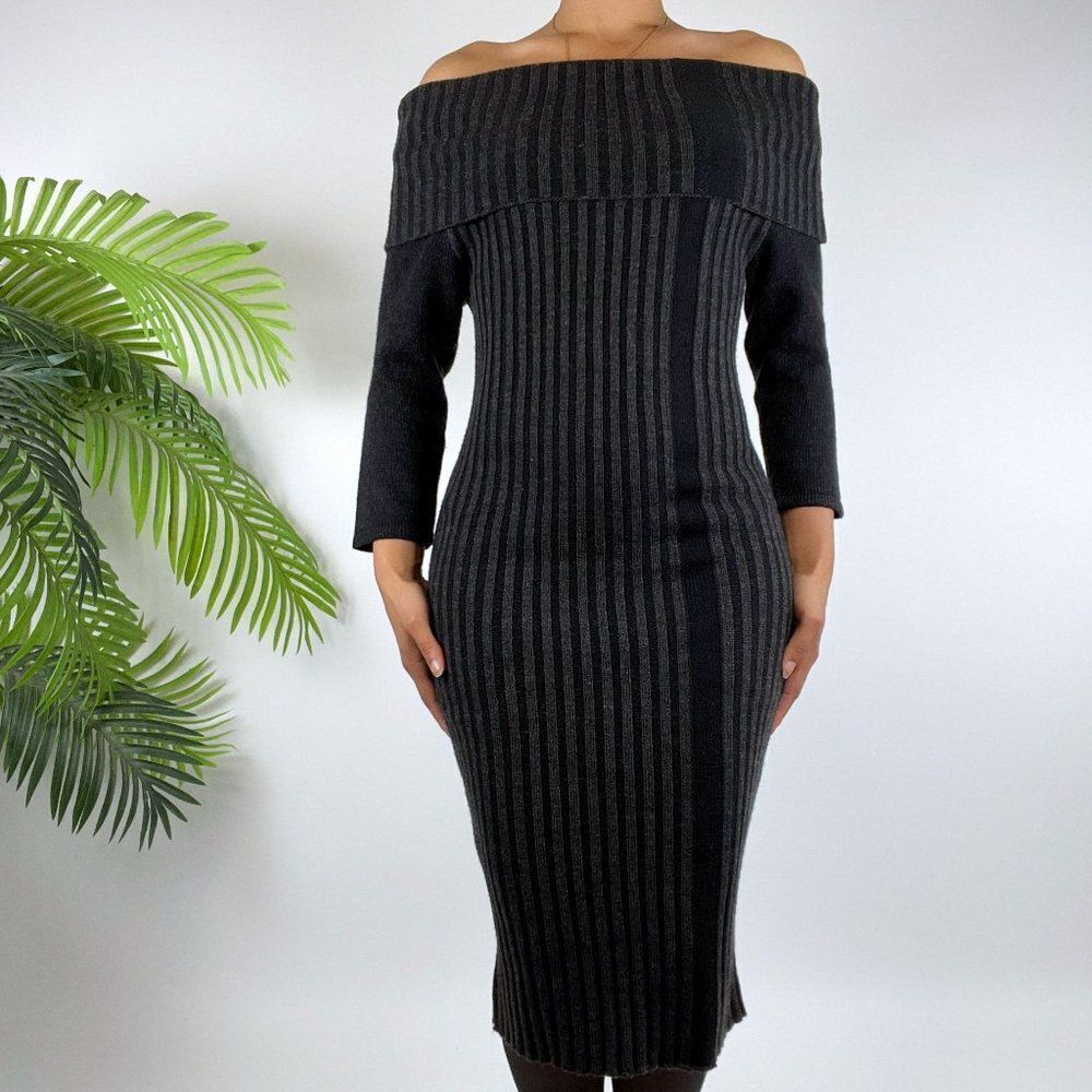 Vintage New York & Co. Black Knit Off The Shoulder Bodycon Sweater Dress / Small - Picture 3 of 5